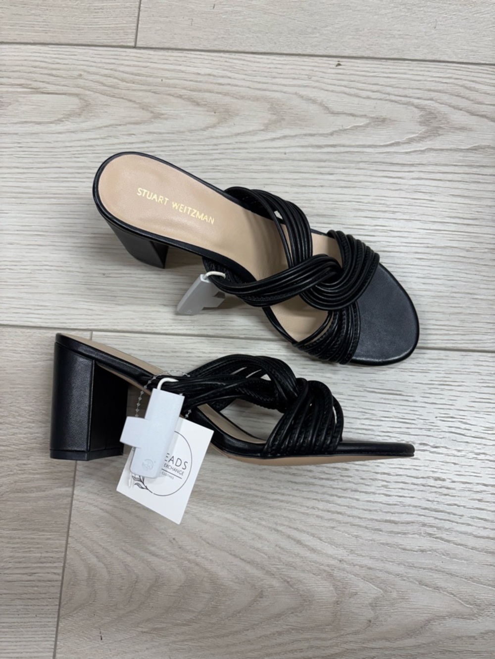 New Stuart Weitzman Black Twist Strap Block Heel Slide Sandal